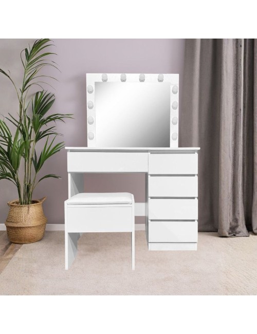 Toeletta da trucco Aurora bianca lucida con specchio led e sgabello 94X43X140H