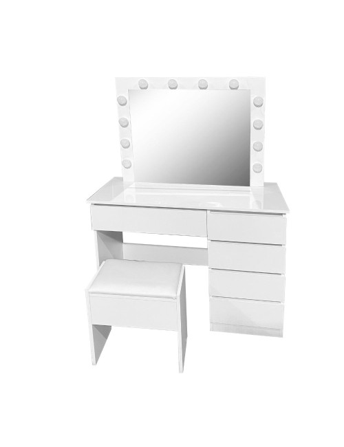 Toeletta da trucco Aurora bianca lucida con specchio led e sgabello 94X43X140H