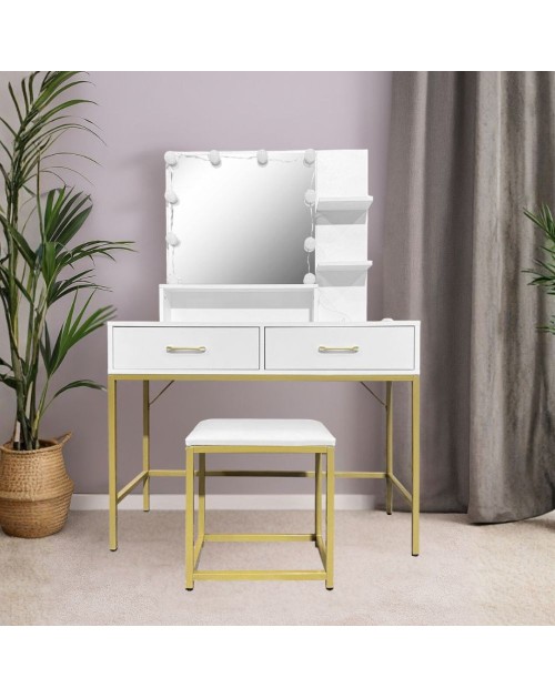 Toeletta da trucco Lunar bianca e oro con LED e sgabello 80x40x145H