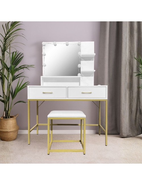 Toeletta da trucco Lunar bianca e oro con LED e sgabello 80x40x145H