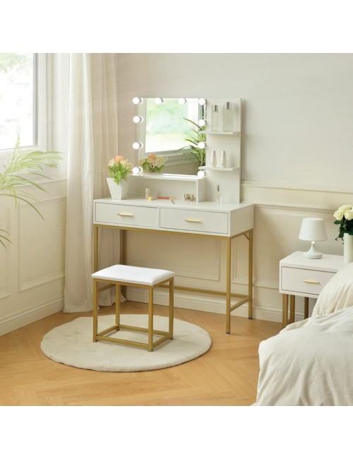 Toeletta da trucco Lunar bianca e oro con LED e sgabello 80x40x145H