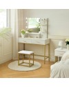Toeletta da trucco Lunar bianca e oro con LED e sgabello 80x40x145H