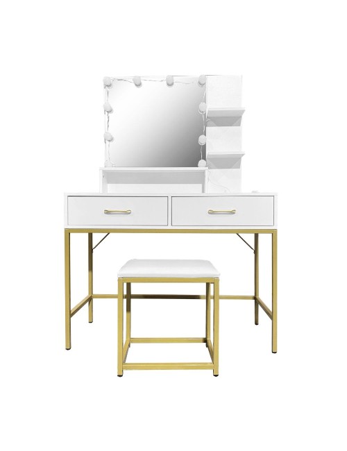 Toeletta da trucco Lunar bianca e oro con LED e sgabello 80x40x145H
