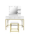Toeletta da trucco Lunar bianca e oro con LED e sgabello 80x40x145H