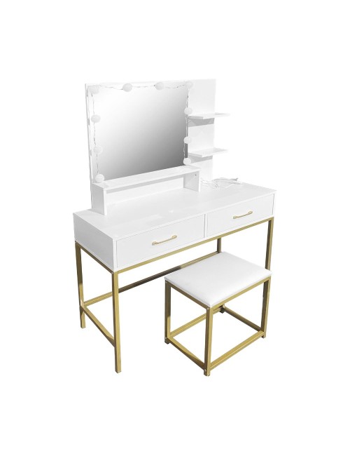 Toeletta da trucco Lunar bianca e oro con LED e sgabello 80x40x145H