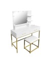 Toeletta da trucco Lunar bianca e oro con LED e sgabello 80x40x145H
