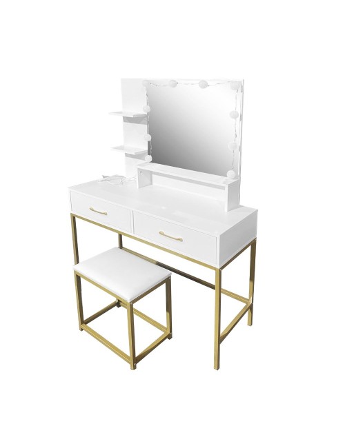 Toeletta da trucco Lunar bianca e oro con LED e sgabello 80x40x145H
