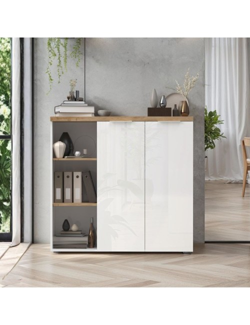 Madia Cannella 2 ante e vani a giorno bianco lucido e rovere Cadiz – 120x34x115H