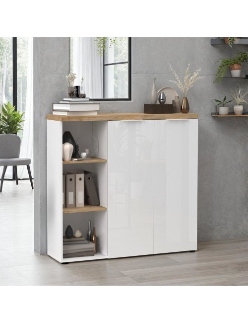 Madia Cannella 2 ante e vani a giorno bianco lucido e rovere Cadiz – 120x34x115H