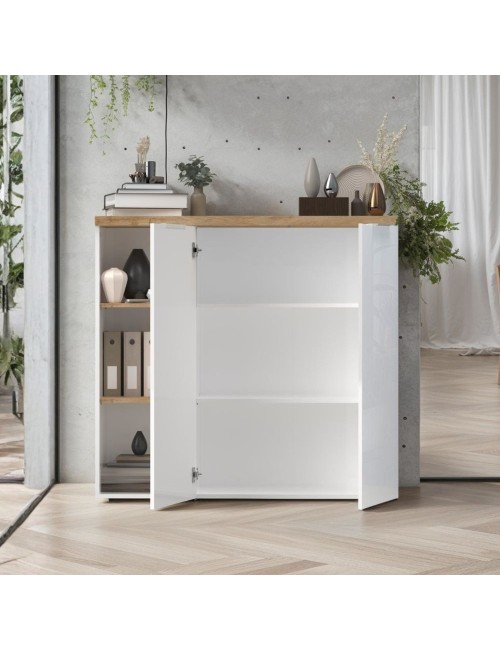 Madia Cannella 2 ante e vani a giorno bianco lucido e rovere Cadiz – 120x34x115H