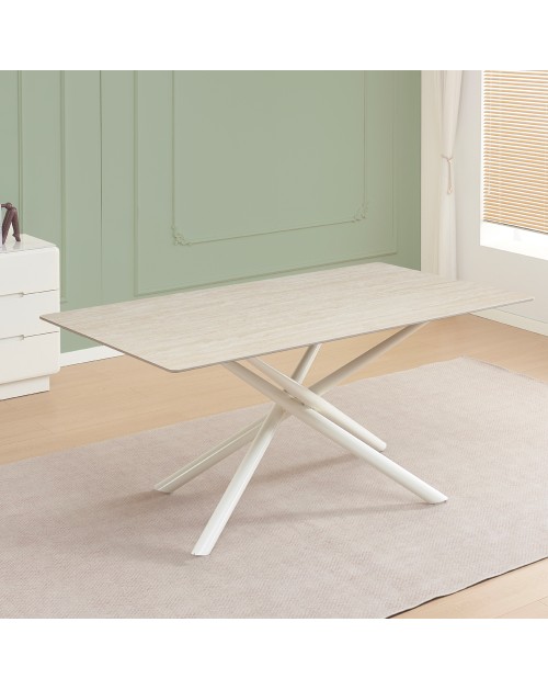 Tavolo fisso Corveo con piano effetto marmo travertino e struttura in metallo bianco stile Shangai 180x90