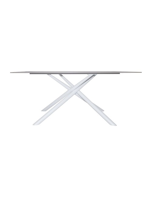 Tavolo fisso Corveo con piano effetto marmo travertino e struttura in metallo bianco stile Shangai 180x90