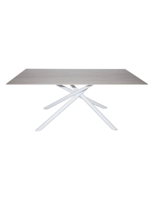 Tavolo fisso Corveo con piano effetto marmo travertino e struttura in metallo bianco stile Shangai 180x90