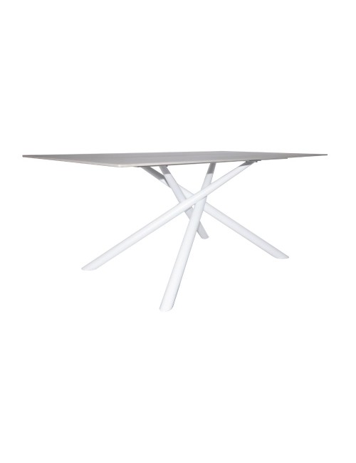 Tavolo fisso Corveo con piano effetto marmo travertino e struttura in metallo bianco stile Shangai 180x90