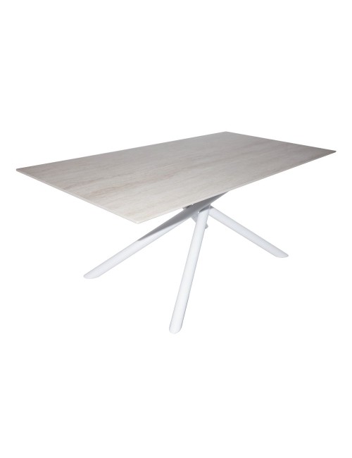 Tavolo fisso Corveo con piano effetto marmo travertino e struttura in metallo bianco stile Shangai 180x90