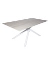 Tavolo fisso Corveo con piano effetto marmo travertino e struttura in metallo bianco stile Shangai 180x90