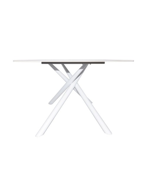 Tavolo fisso Corveo con piano effetto marmo travertino e struttura in metallo bianco stile Shangai 180x90