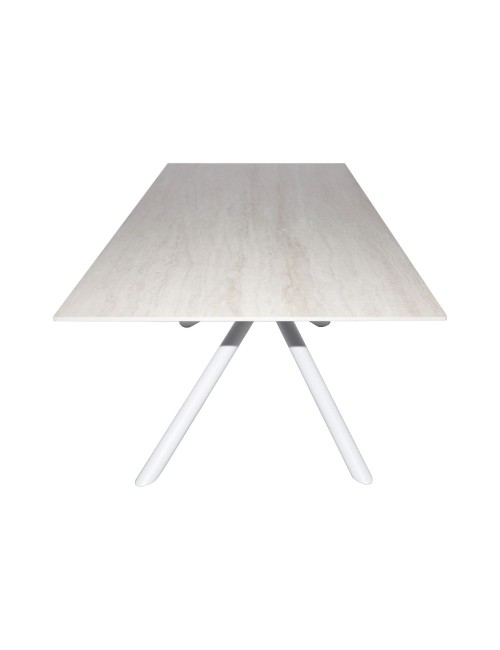 Tavolo fisso Corveo con piano effetto marmo travertino e struttura in metallo bianco stile Shangai 180x90