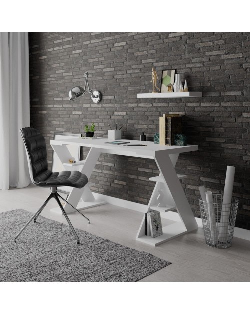 Scrivania Papillon bianca con gambe a X e ripiani integrati 137x60x75