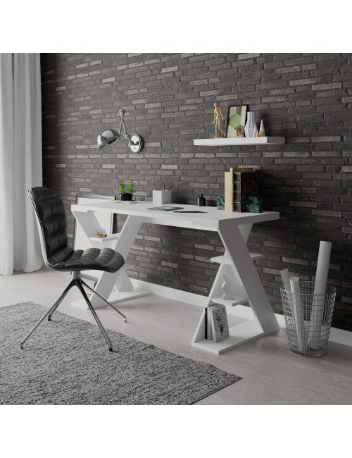 Scrivania Papillon bianca con gambe a X e ripiani integrati 137x60x75