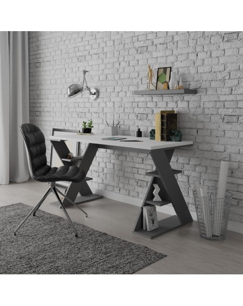 Scrivania Papillon bianca e antracite con gambe a X e ripiani integrati 137x60x75