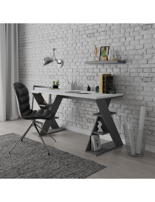 Scrivania Papillon bianca e antracite con gambe a X e ripiani integrati 137x60x75