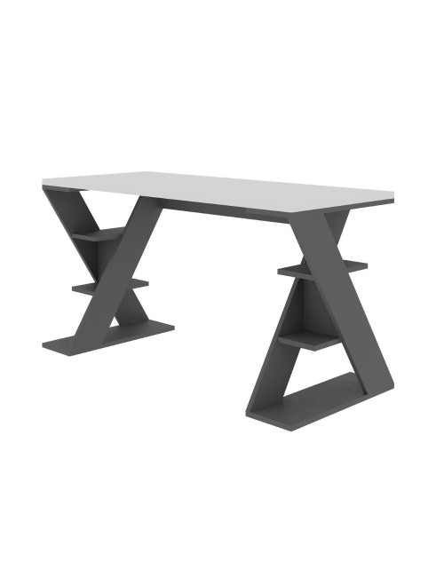 Scrivania Papillon bianca e antracite con gambe a X e ripiani integrati 137x60x75