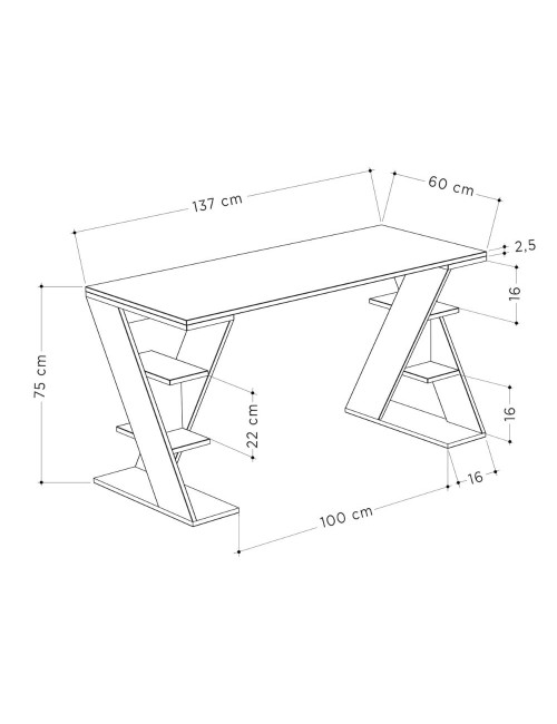 Scrivania Papillon bianca e antracite con gambe a X e ripiani integrati 137x60x75