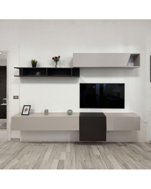 Parete attrezzata sospesa Glamour in cashmere e lava 262x30x200H