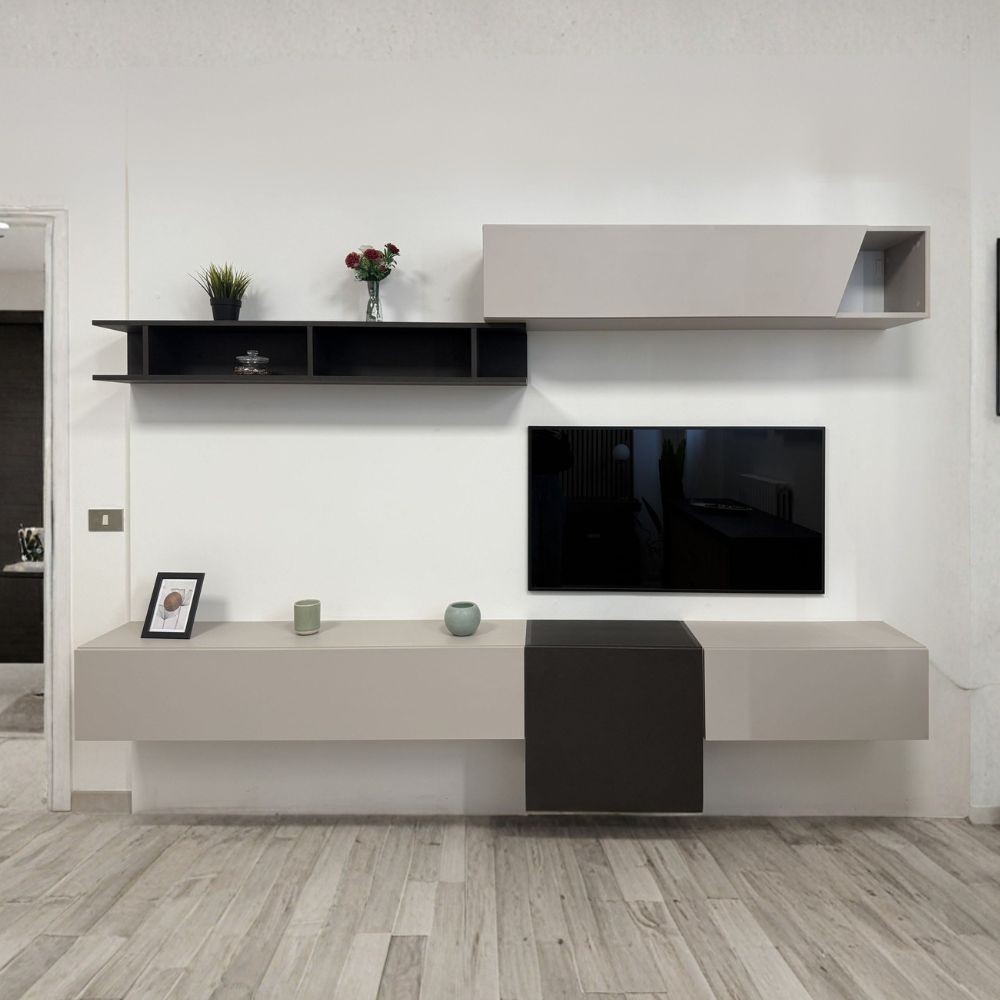 Parete attrezzata sospesa Glamour in cashmere e lava 262x30x200H