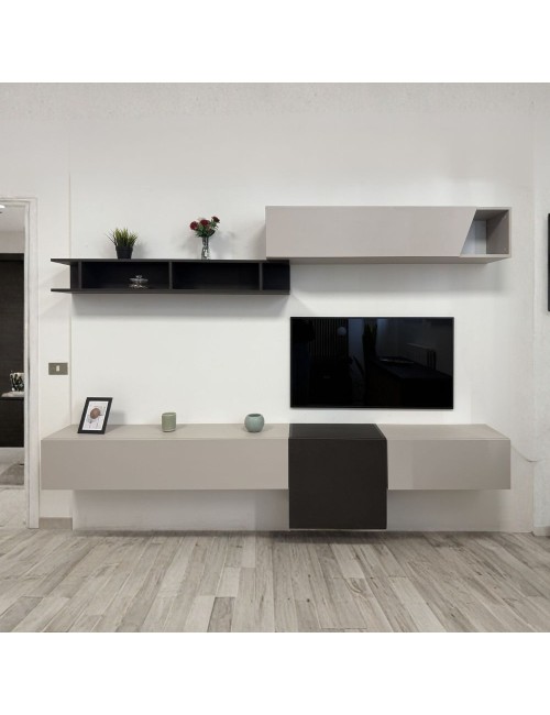 Parete attrezzata sospesa Glamour in cashmere e lava 262x30x200H