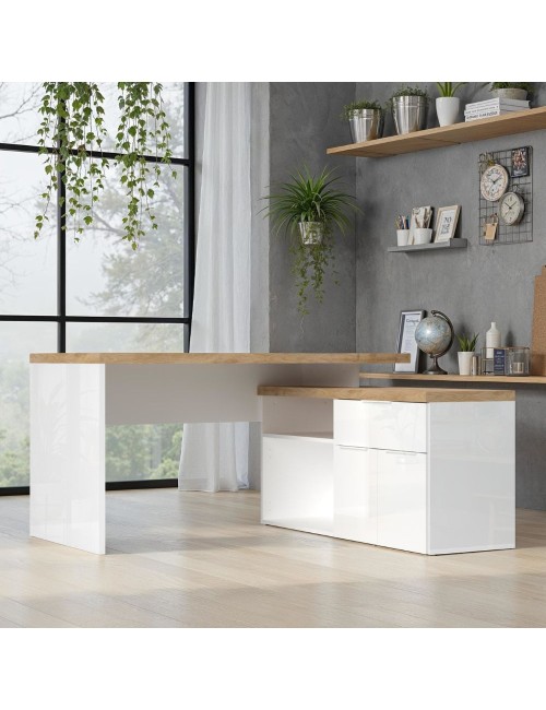 Scrivania angolare Zenzero reversibile bianco lucido e rovere Cadiz 140x120x75H