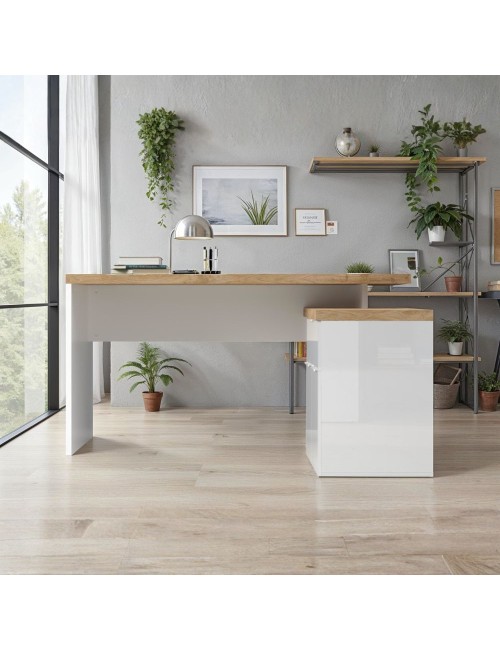 Scrivania angolare Zenzero reversibile bianco lucido e rovere Cadiz 140x120x75H