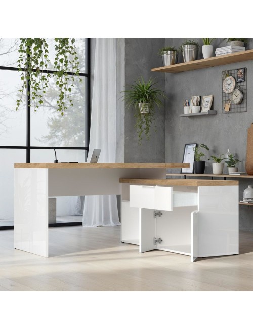 Scrivania angolare Zenzero reversibile bianco lucido e rovere Cadiz 140x120x75H