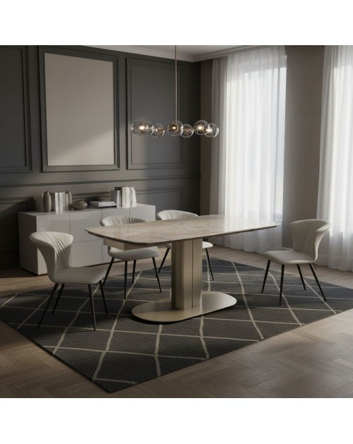 Tavolo allungabile Vesta top ceramica marrone atene lucido e base in metallo oro 170x90x76h