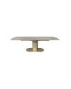 Tavolo allungabile Vesta top ceramica marrone atene lucido e base in metallo oro 170x90x76h