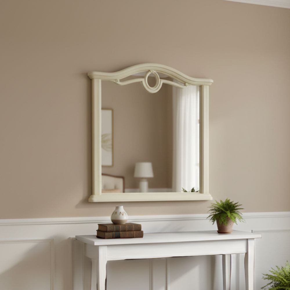Specchiera Cerchio con cornice in legno beige e dettaglio elegante