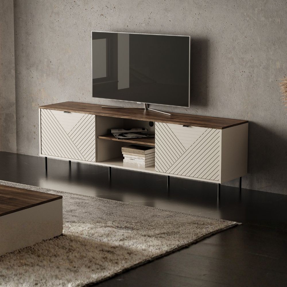 Mobile Porta TV Mirage03 con 2 ante design geometrico e vani a giorno – Cashmere e Top Rovere