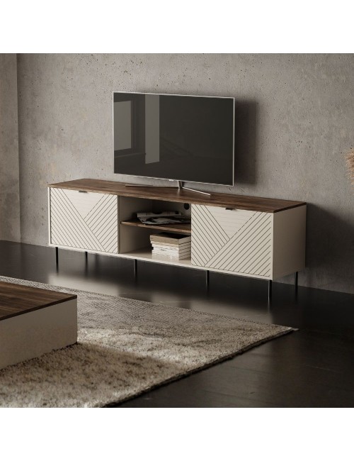 Mobile Porta TV Mirage03 con 2 ante design geometrico e vani a giorno – Cashmere e Top Rovere