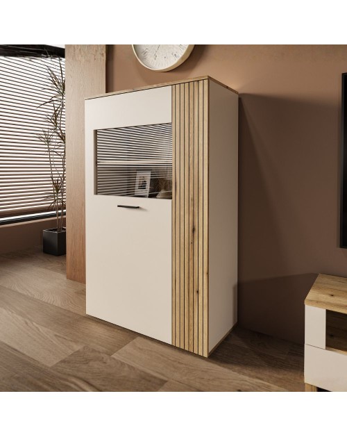 Vetrina con anta a listelli verticali Frezo06 cashmere e rovere evoque 90x42x146H