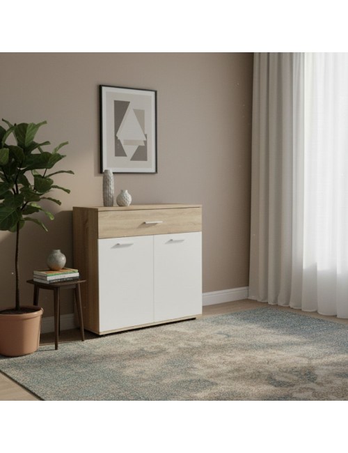 Mobile multiuso Irys con 2 ante e 1 cassetto colore bianco e rovere 80x35x84H