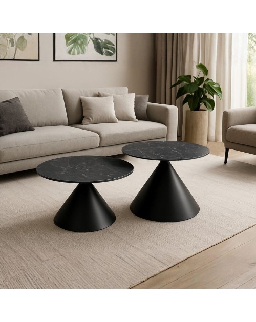 Set 2 tavolini da salotto rotondi Punto con piano effetto marmo nero e gambe in metallo nero