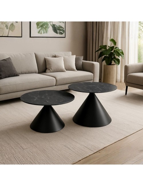 Set 2 tavolini da salotto rotondi Punto con piano effetto marmo nero e gambe in metallo nero