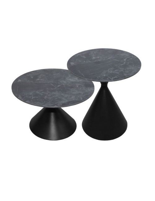 Set 2 tavolini da salotto rotondi Punto con piano effetto marmo nero e gambe in metallo nero
