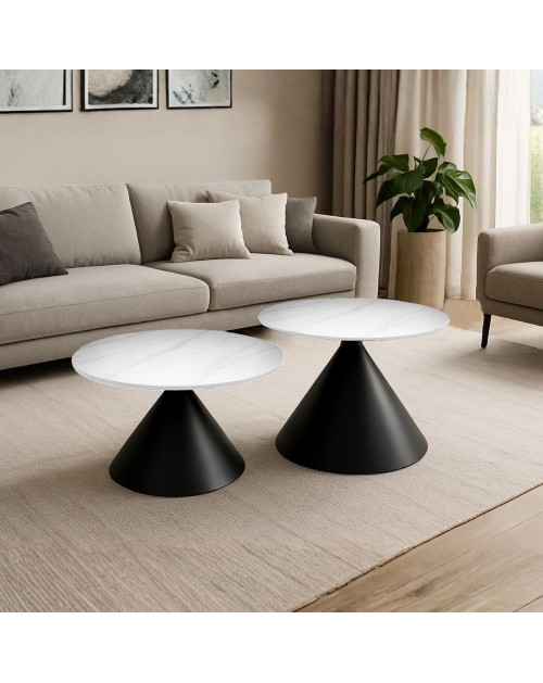 Set 2 tavolini da salotto rotondi Punto con piano effetto marmo bianco e gambe in metallo nero