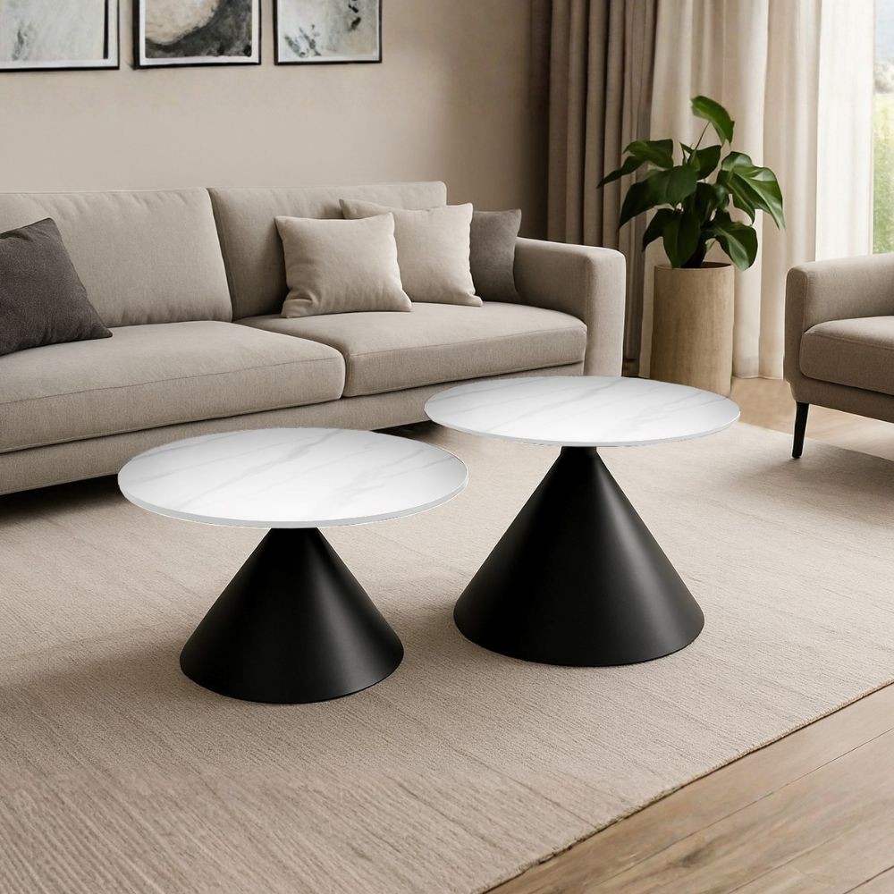 Set 2 tavolini da salotto rotondi Punto con piano effetto marmo bianco e gambe in metallo nero