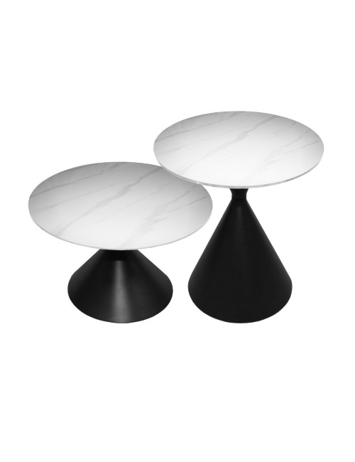 Set 2 tavolini da salotto rotondi Punto con piano effetto marmo bianco e gambe in metallo nero