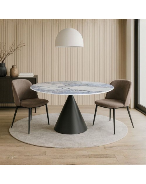 Tavolo rotondo Punto con piano effetto marmo e venature blu – 150x150x76H