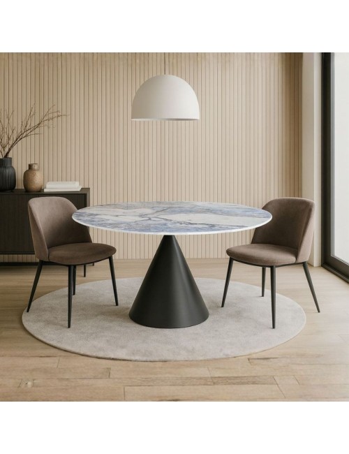 Tavolo rotondo Punto con piano effetto marmo e venature blu – 150x150x76H