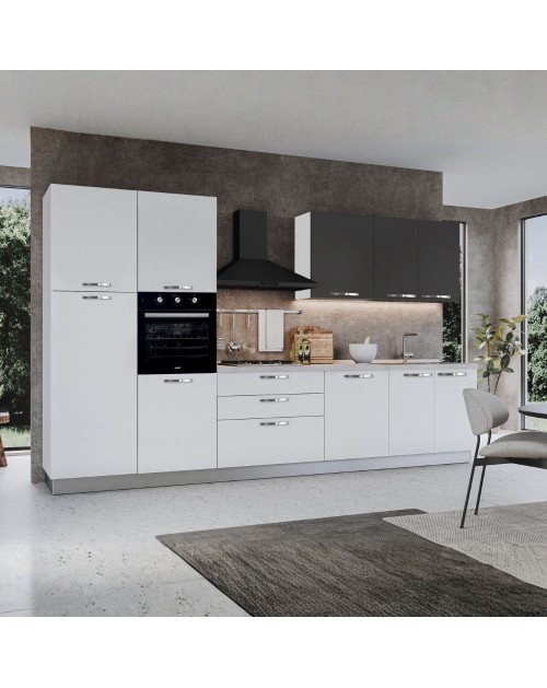 Cucina 360 cm con elettrodomestici Iris colore bianco lucido e pensili grafite